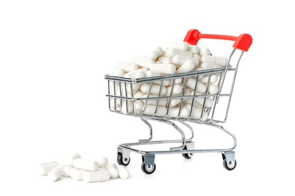 Cápsulas Medicina Branca Carrinho Empurrar Mini Supermercado Isolado Fundo Branco — Fotografia de Stock