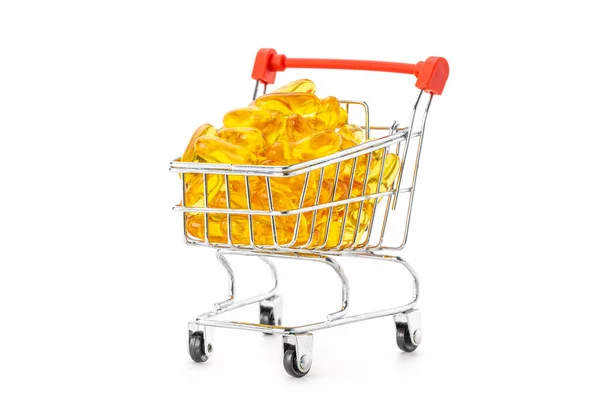 Fish Oil Soft Gel Supplement Capsules Mini Supermarket Push Cart — Stock Photo, Image