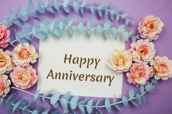Happy Anniversary Typography Text Flower Decorate Purple Background — Stock Photo, Image