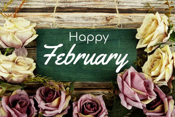Happy February Typography Text Rose Flowers Bouquet Wooden Background — Stock Photo, Image