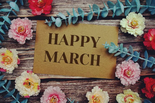 Happy March Typography Text Paper Card Decorate Flower Wooden Background — Stock Photo, Image