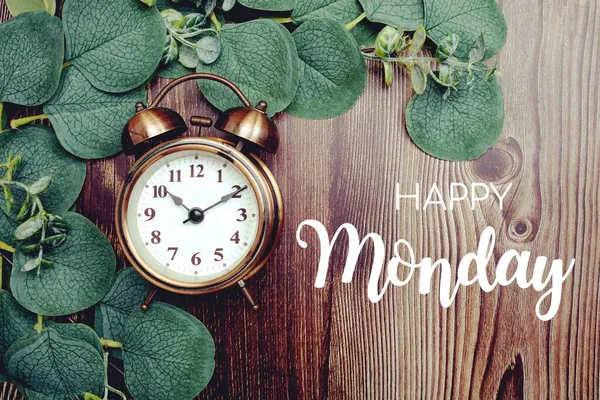 Happy Monday Text Alarm Clock Eucalyptus Leaves Decorate Wooden Background — Stock Photo, Image