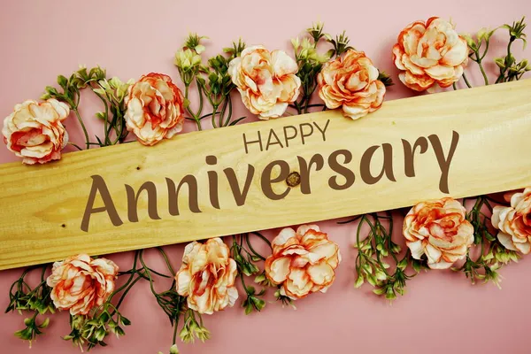 Happy Anniversary Typography Text Flower Decorate Pink Background — Stock Photo, Image