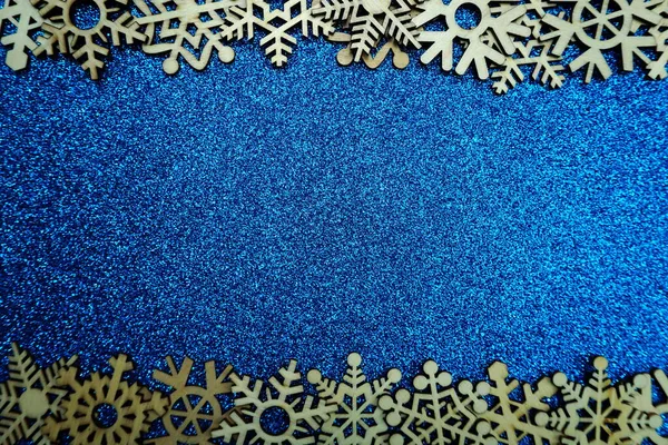 Cornice Bordo Fiocco Neve Legno Sfondo Blu Glitter — Foto Stock