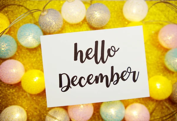 Hello December Text Paper Card Led Cotton Balls Decorate Yellow — Stok Foto