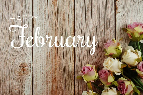 Bienvenue Février Typographie Texte Avec Bouquet Fleurs Roses Sur Fond — Photo