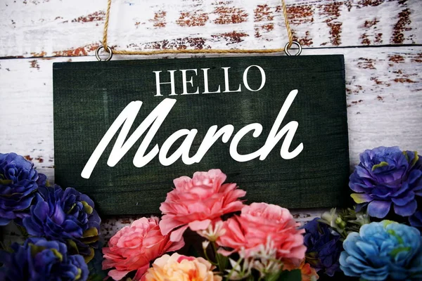 Hallo März Typografie Text Dekorieren Mit Blume Auf Holzgrund — Stockfoto