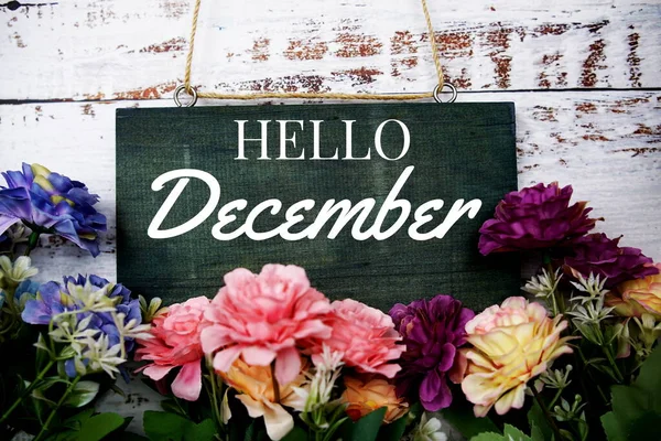 Hello December Typography Text Decorate Flower Wood Background — Stok Foto