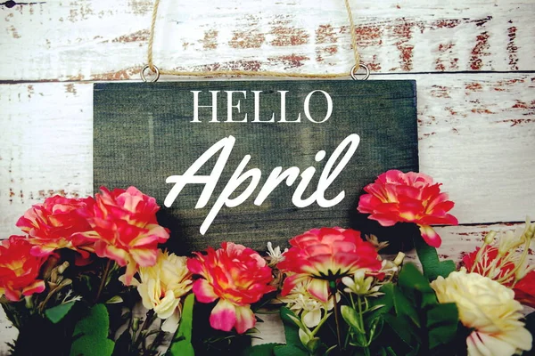 Hello April Typography Text Decorate Flower Wooden Background — Stock Photo, Image