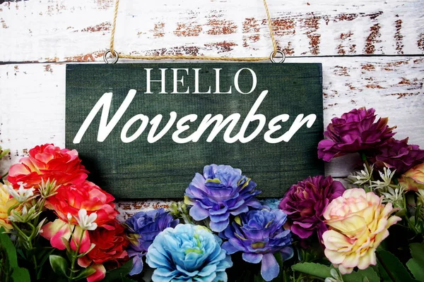 Hello November Typography Text Decorate Flower Wooden Background — Stock Photo, Image