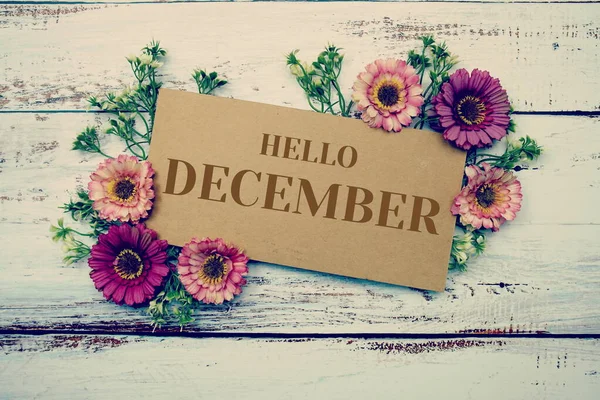 Hello December Typography Text Decorate Flower Wood Background — Stok Foto