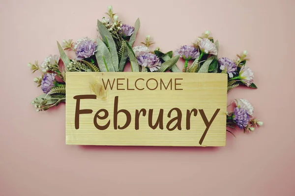 Καλώς Ήρθατε Φεβρουάριος Κείμενο Ξύλινο Πίνακα Λουλούδια Πλαίσιο Ροζ Φόντο — Φωτογραφία Αρχείου