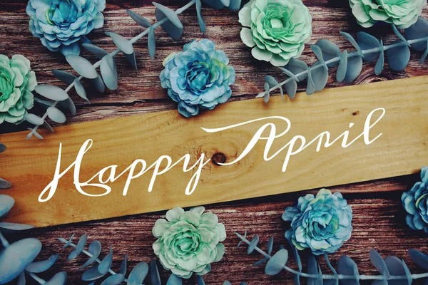 Happy April Alphabet Letter Flower Decorate Wooden Background — Stock Photo, Image