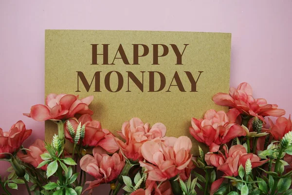 Happy Monday Typography Text Flowers Pink Background — Stock Photo, Image
