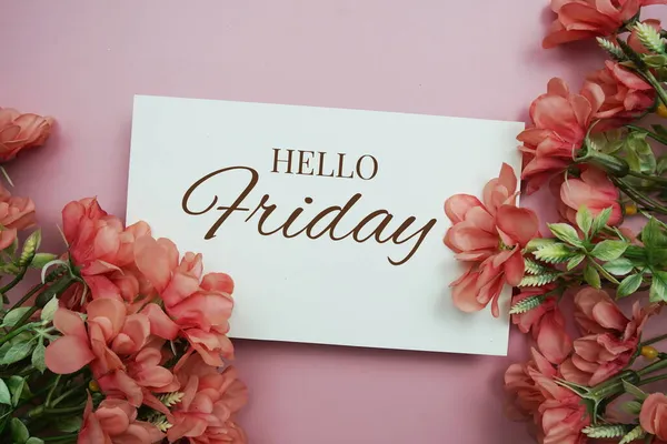 Hello Friday Typography Text Flowers Pink Background — Stock Photo, Image