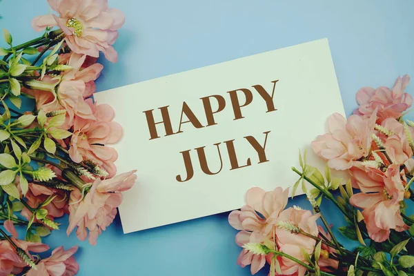 Happy Julytext Flower Frame Blue Background — Stock Photo, Image