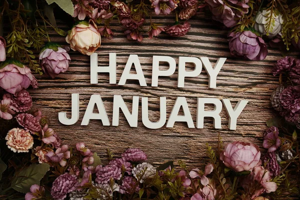 Happy January Alphabet Letters Flowers Frame Wood Background — Stok Foto