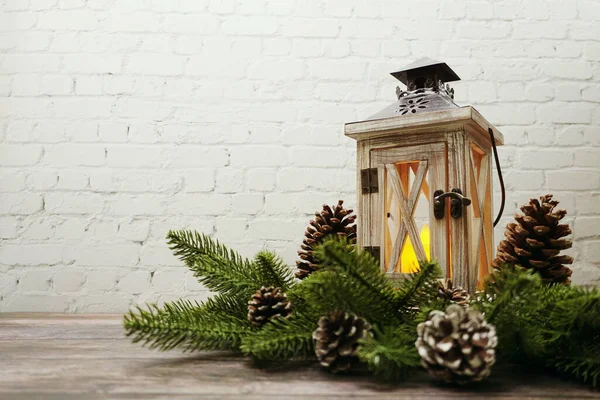 Linterna Navidad Decorativa Sobre Fondo Madera —  Fotos de Stock
