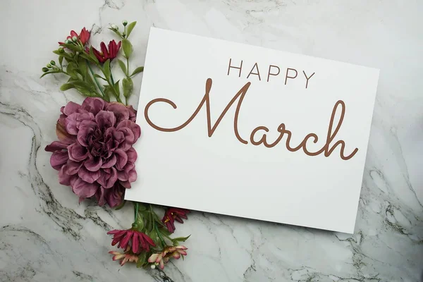 Happy March Text Pink Flower Bouquet Marble Background — Stock Photo, Image