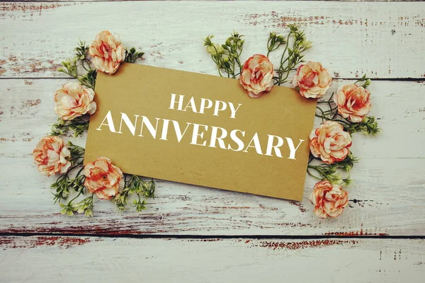 Happy Anniversary Typography Text Decorate Flower Wooden Background — Stock Photo, Image