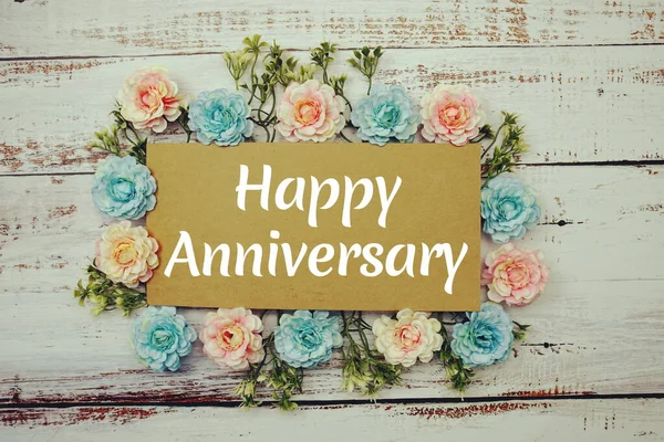 Happy Anniversary Typography Text Decorate Flower Wooden Background — Stock Photo, Image