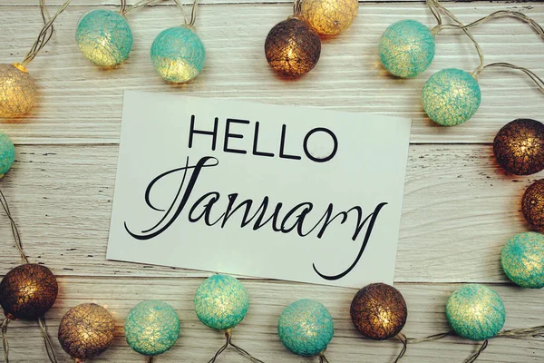 Hello January Text Paper Card Cotton Ball Led Decoration Wood — Stok Foto