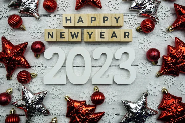 Happy New Year 2023 Alphabet Letters Christmas Decoration Wooden Background — Foto Stock