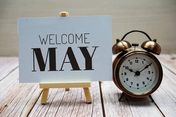 Welcome May Text Message Alarm Clock Wooden Background — Foto de Stock