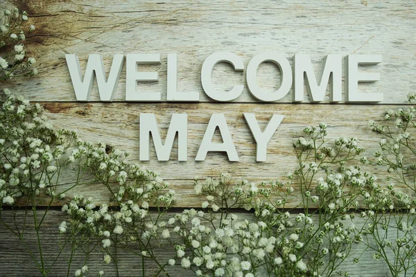 Willkommen Mai Alphabet Buchstaben Mit Blumen Auf Holzgrund — Stockfoto