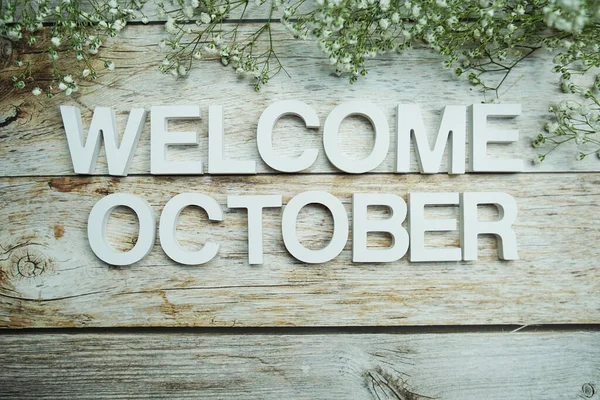 Willkommen Oktober Alphabet Buchstaben Mit Blumen Auf Holzgrund — Stockfoto