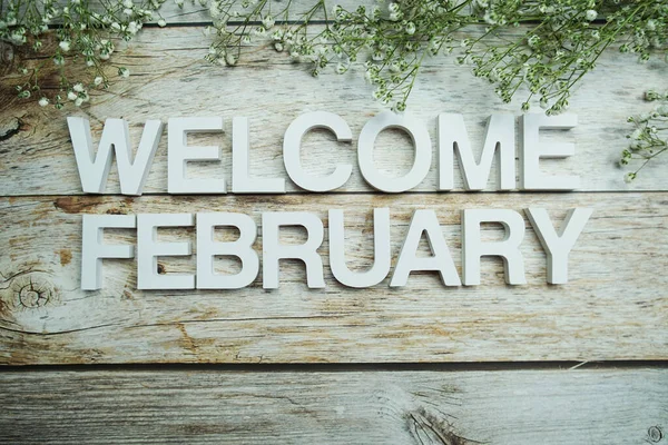 Bienvenida Febrero Letras Del Alfabeto Con Flores Sobre Fondo Madera — Foto de Stock