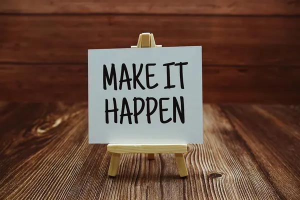 Make Happen Text Paper Card Wooden Background — Foto de Stock