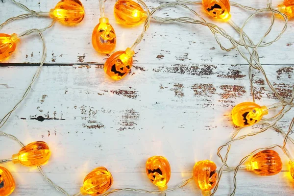 Pumpa Ljus Led För Halloween Dekorationer Trä Bakgrund — Stockfoto