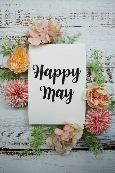 Happy May Text Paper Card Flowers Frame Wooden Background — Stockfoto