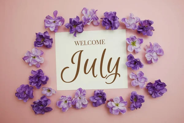 Welcome July Card Typography Text Flower Bouquet Pink Background — Stock Photo, Image