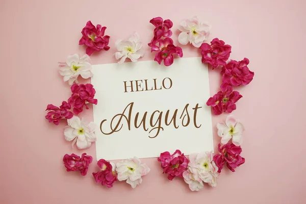 Hello August Card Typography Text Flower Bouquet Pink Background — Stockfoto