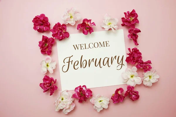 Welcome February Card Typography Text Flower Bouquet Pink Background — Stock Photo, Image