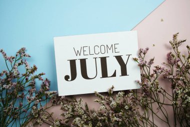 Mavi ve pembe arka planda yeşil izinli Temmuz mesajına hoş geldiniz