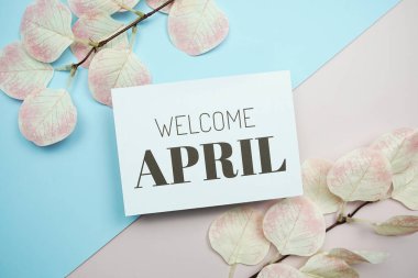 Welcome April text message with artificial leave on blue and pink background