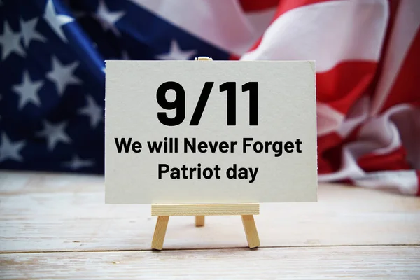 911 Δεν Ξεχάσουμε Ποτέ Κείμενο Messege Σημαία Των Ηπα Ξύλινο — Φωτογραφία Αρχείου