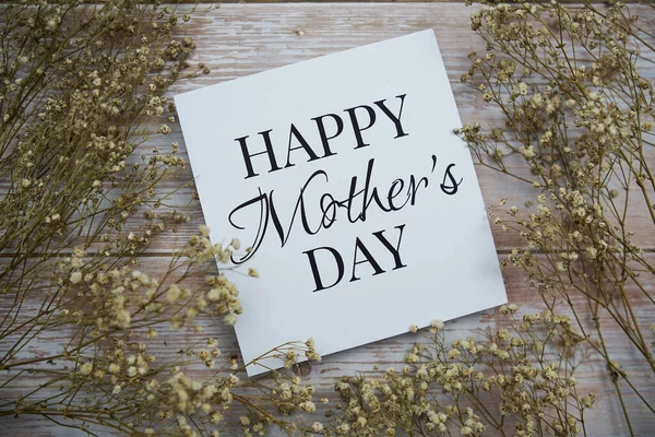 Happy Mother Day Text Paper Card Flower Decoration Wooden Background — Foto Stock