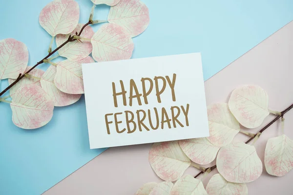 Happy February Text Message Artificial Leave Blue Pink Background — Fotografia de Stock