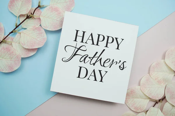 Happy Father Day Text Message Artificial Leave Blue Pink Background — Stok fotoğraf