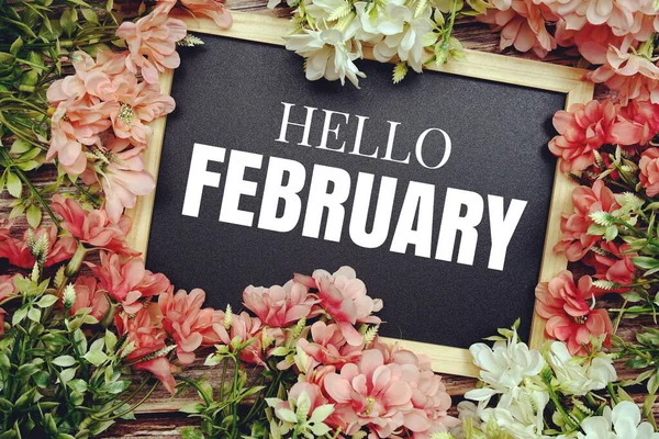 Hello February Typography Text Written Wooden Blackboard Flower Bouquet Decorate —  Fotos de Stock