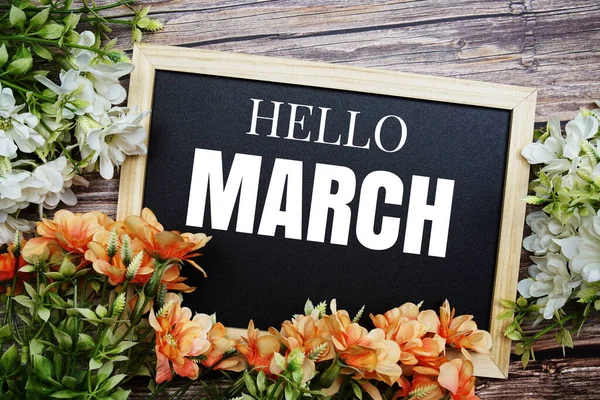 Hello March Typography Text Written Wooden Blackboard Flower Bouquet Decorate — ストック写真