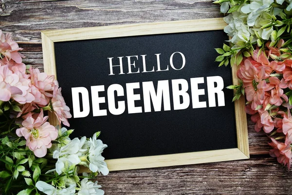 Hello December Typography Text Written Wood Board Flower Bouquet Decorate — Stok Foto