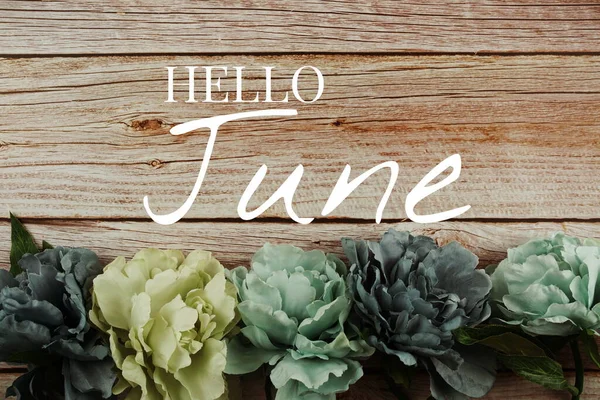 Hello June Typography Text Blue Flowers Bouquet Wooden Background — ストック写真