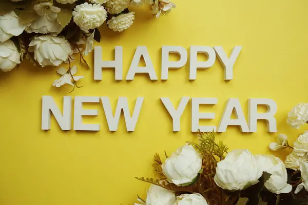 Happy New Year Alphabet Letters Flower Frame Yellow Background — Foto de Stock