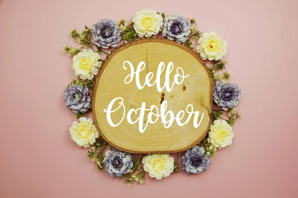 Hello October Typography Text Decorate Flower Pink Background — Foto de Stock