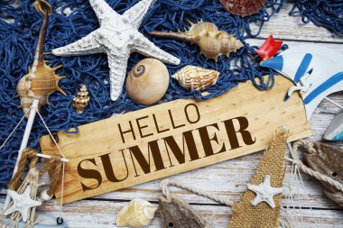 Hello Summer text message decoration with seashell and marine on wooden background